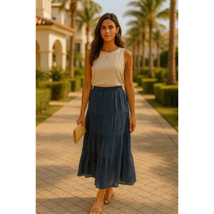 Tacera Gauze Maxi Tiered Skirt Blue Boho Elastic Waistband Cottagecore Earthy